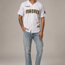 Major League Besos- Madres Classic Pinstripes  - - San Diego Padres Fan Jersey Mock Fun- Recycled baseball jersey